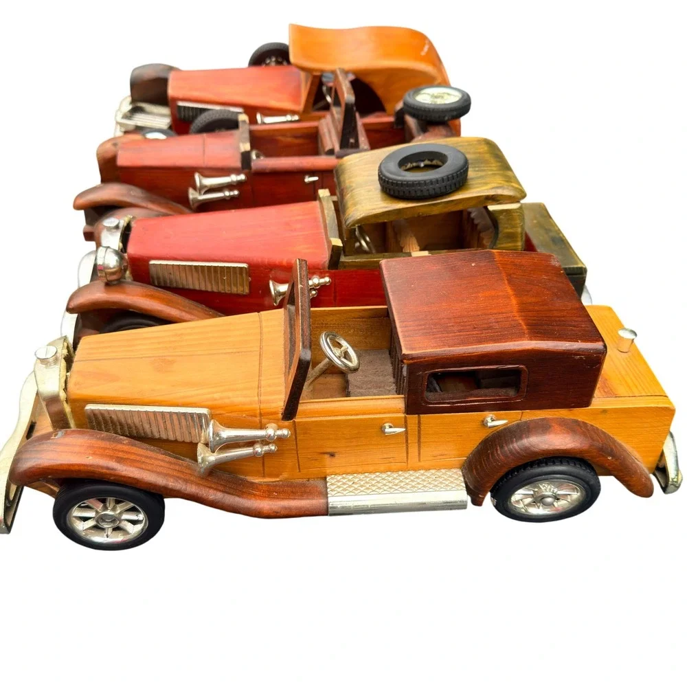 Vintage Wooden Model Car Set 4pc Antique Style Decorative Wood Toy Vehicles DIY